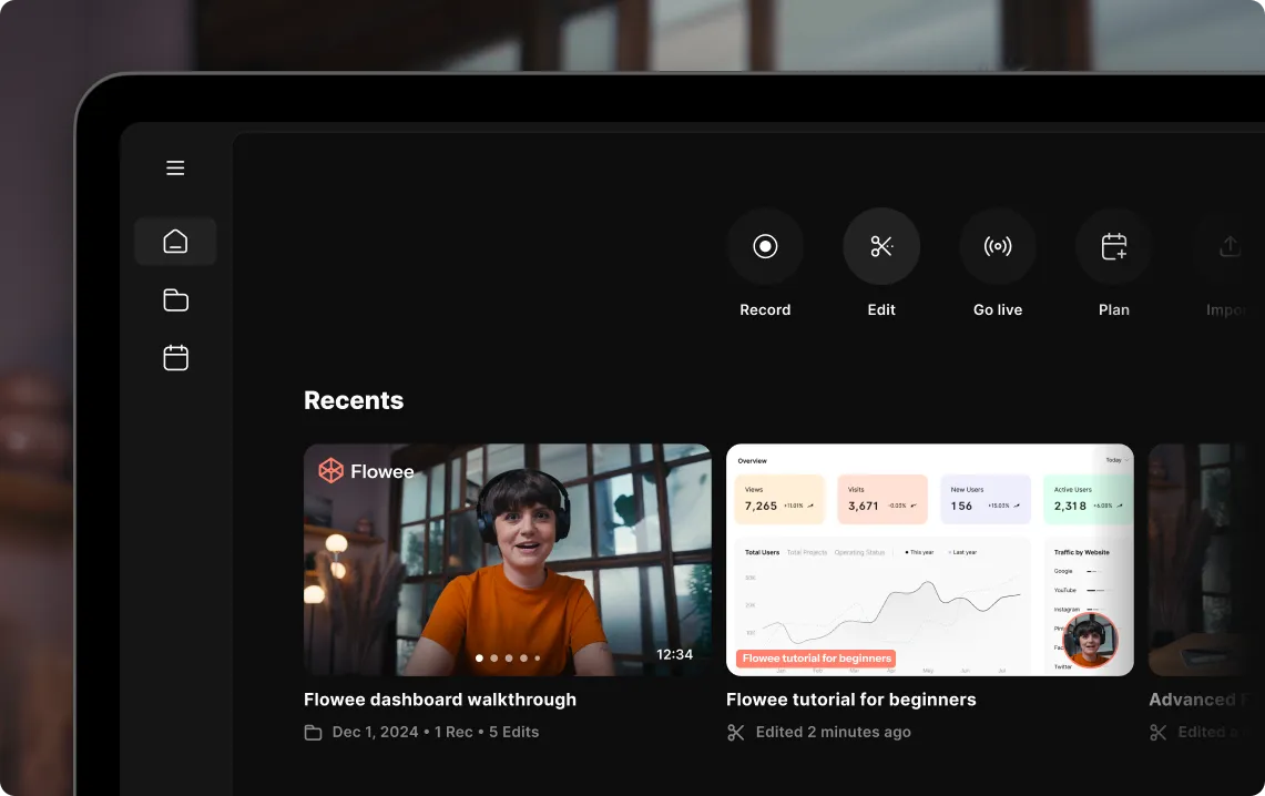 Dashboard interface showing recent videos including 'Flowee dashboard walkthrough' with a woman wearing headphones and 'Flowee tutorial for beginners' with charts and user statistics.